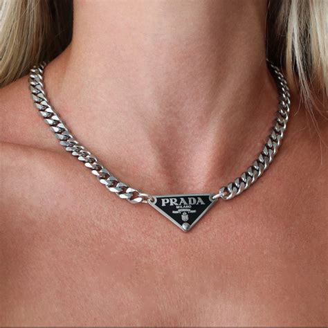 prada white triangle necklace|Prada silver tag necklace.